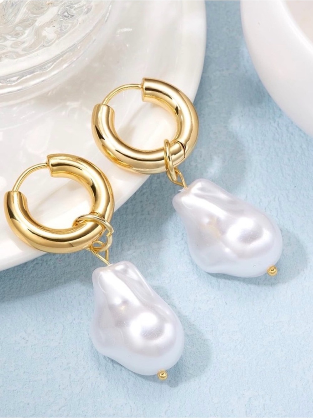 Gold Hoop Earrings with Irregular Pearl Drop Chic Statement Jewelry - Picture 8 of 10